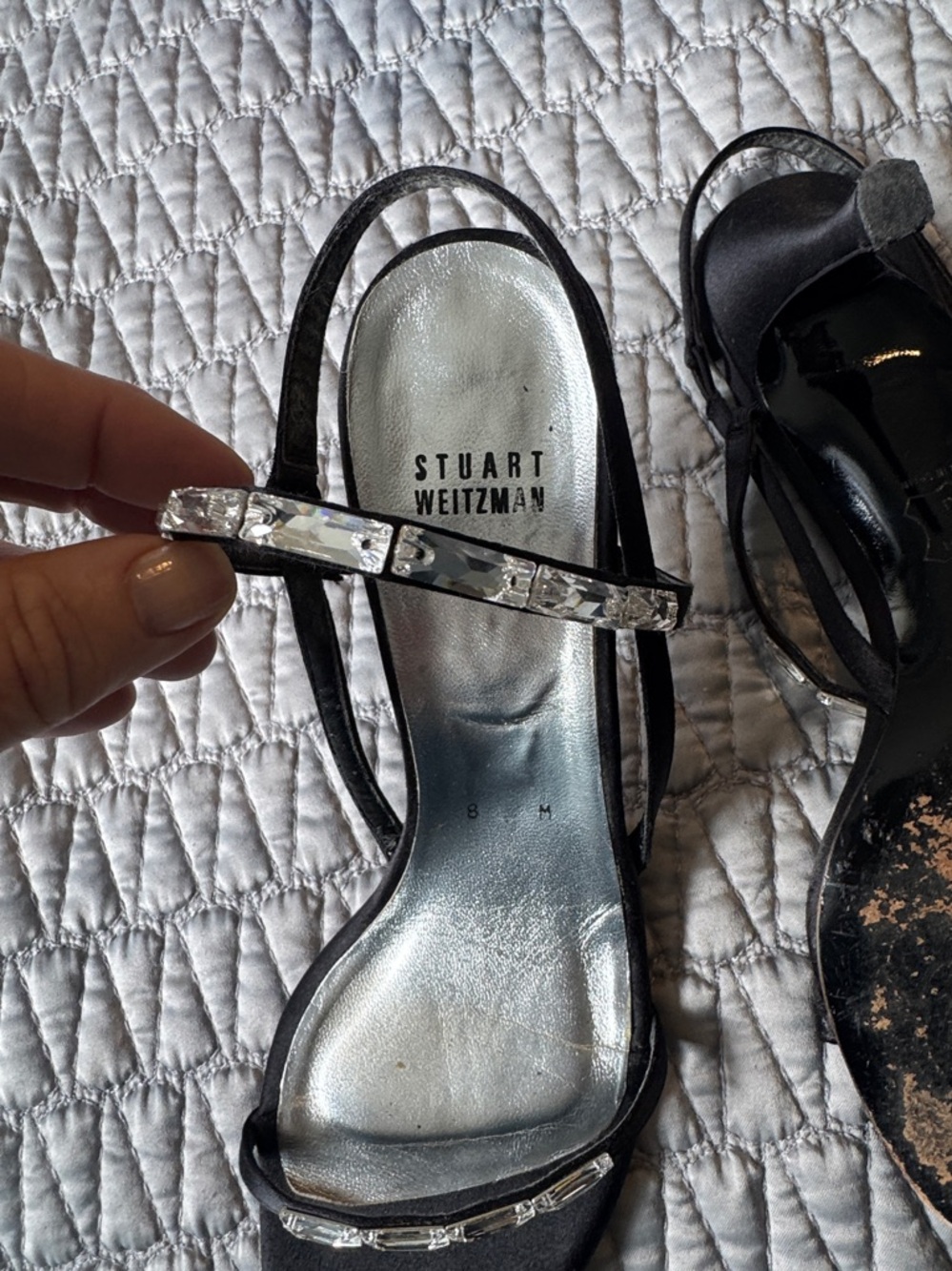 Stuart Weitzman Black Satin Crystal-Trim Slingback Heels Size 8 - Picture 9 of 10